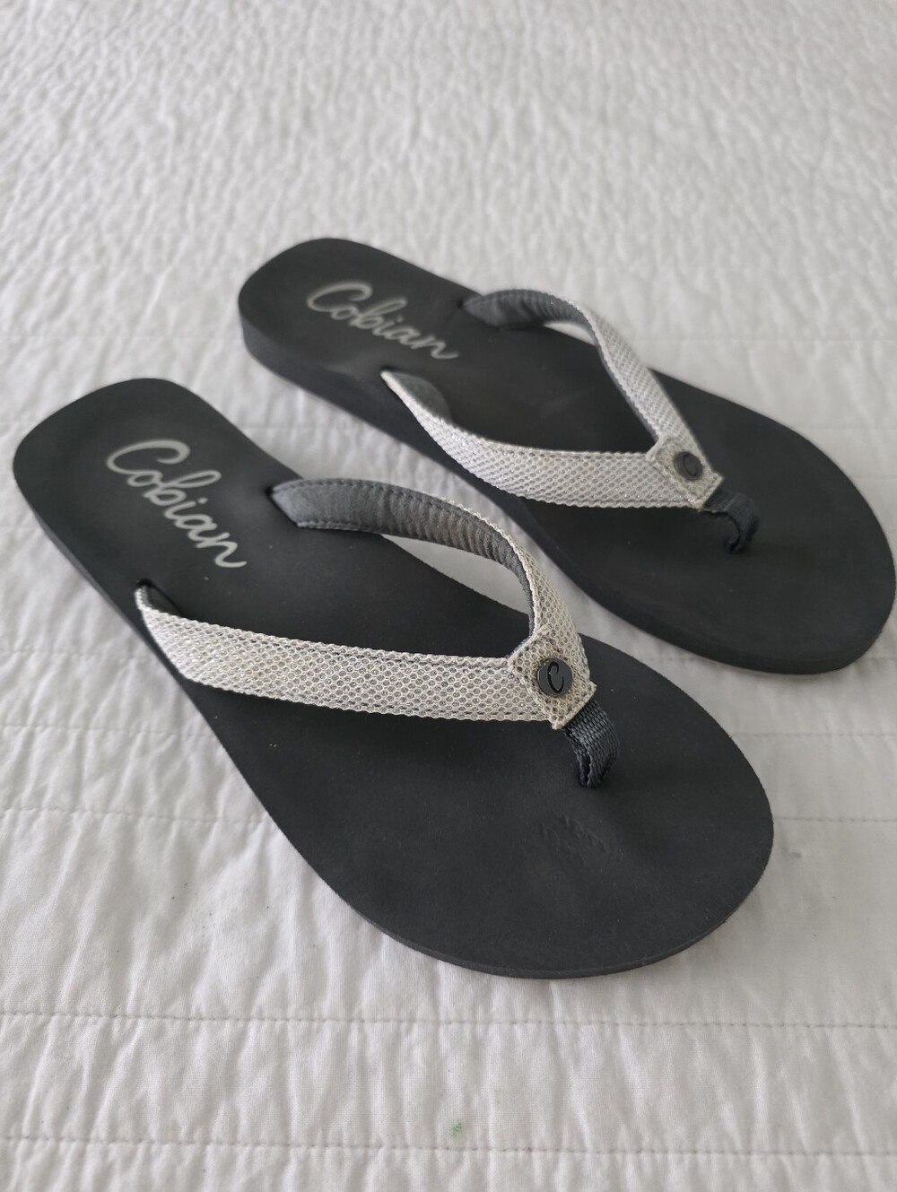 Cobian Prov 3:5-6 Women’s Black Flip Flop Sandals with Cream Sparkle Straps - Picture 11 of 12